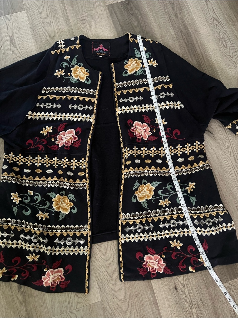 Johnny Was Black Embroidered Floral Open Front Coat - Picture 10 of 11